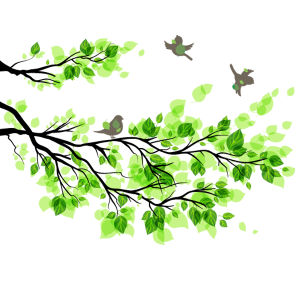 Stylized Tree Branch With Birds And Green Leaves Clipart
