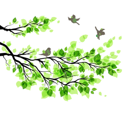 Stylized Tree Branch With Birds And Green Leaves Clipart