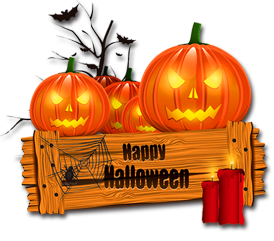 Happy Halloween Wooden Sign with Pumpkins Clipart