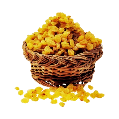 Golden Raisins in Wicker Basket PNG Image