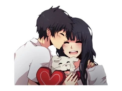 Sweet Anime Couple Hugging with Pet Cat PNG Image
