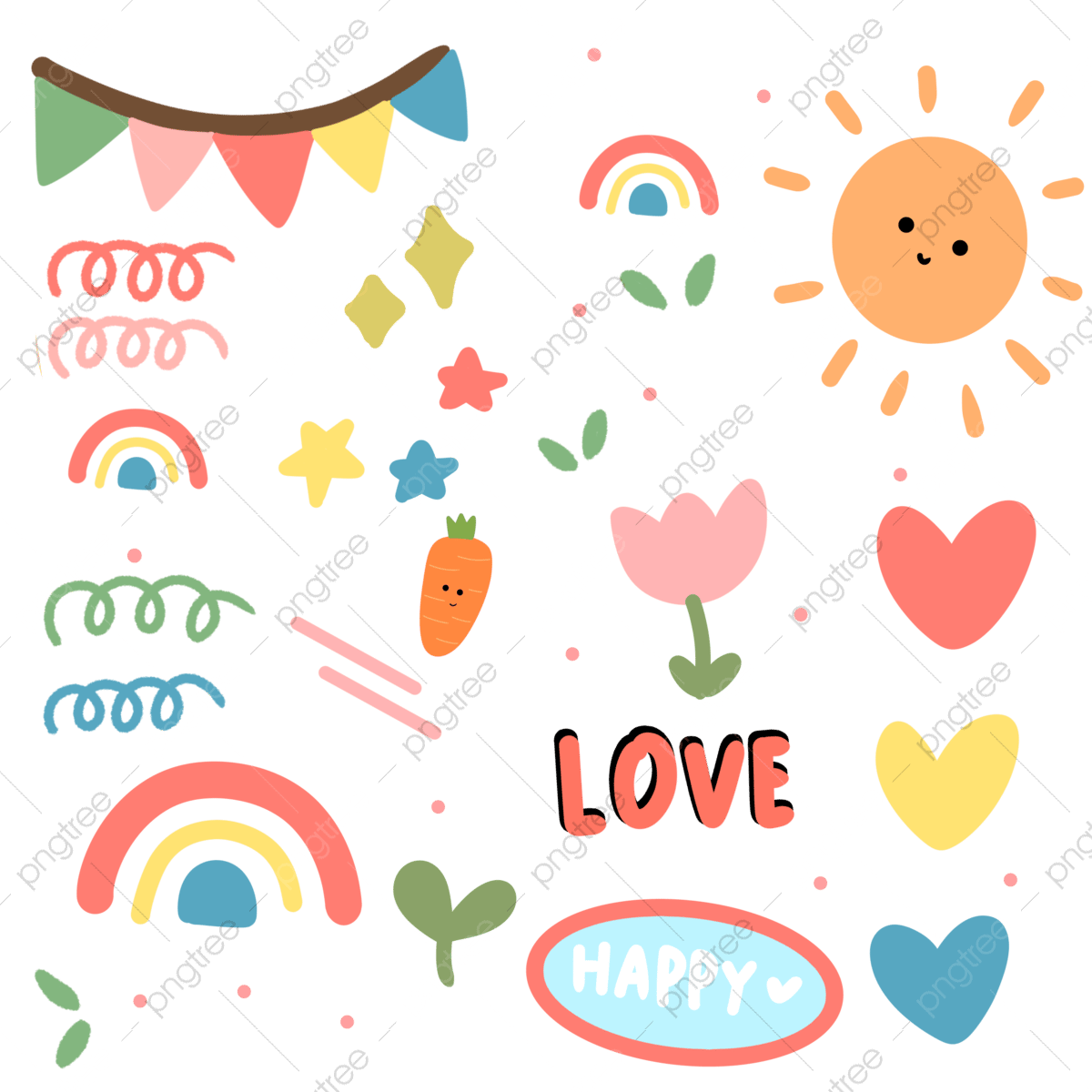 Cute Childish Doodles Sun Rainbow Hearts Clipart