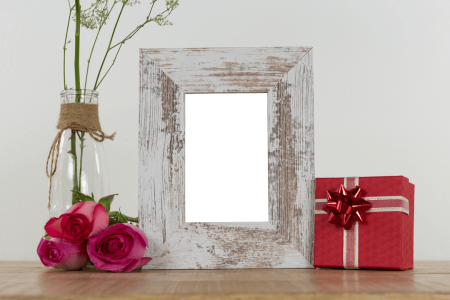 White Photo Frame With Red Roses Free PNG