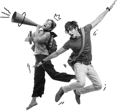 Two Happy Students Jumping With Megaphone Clipart