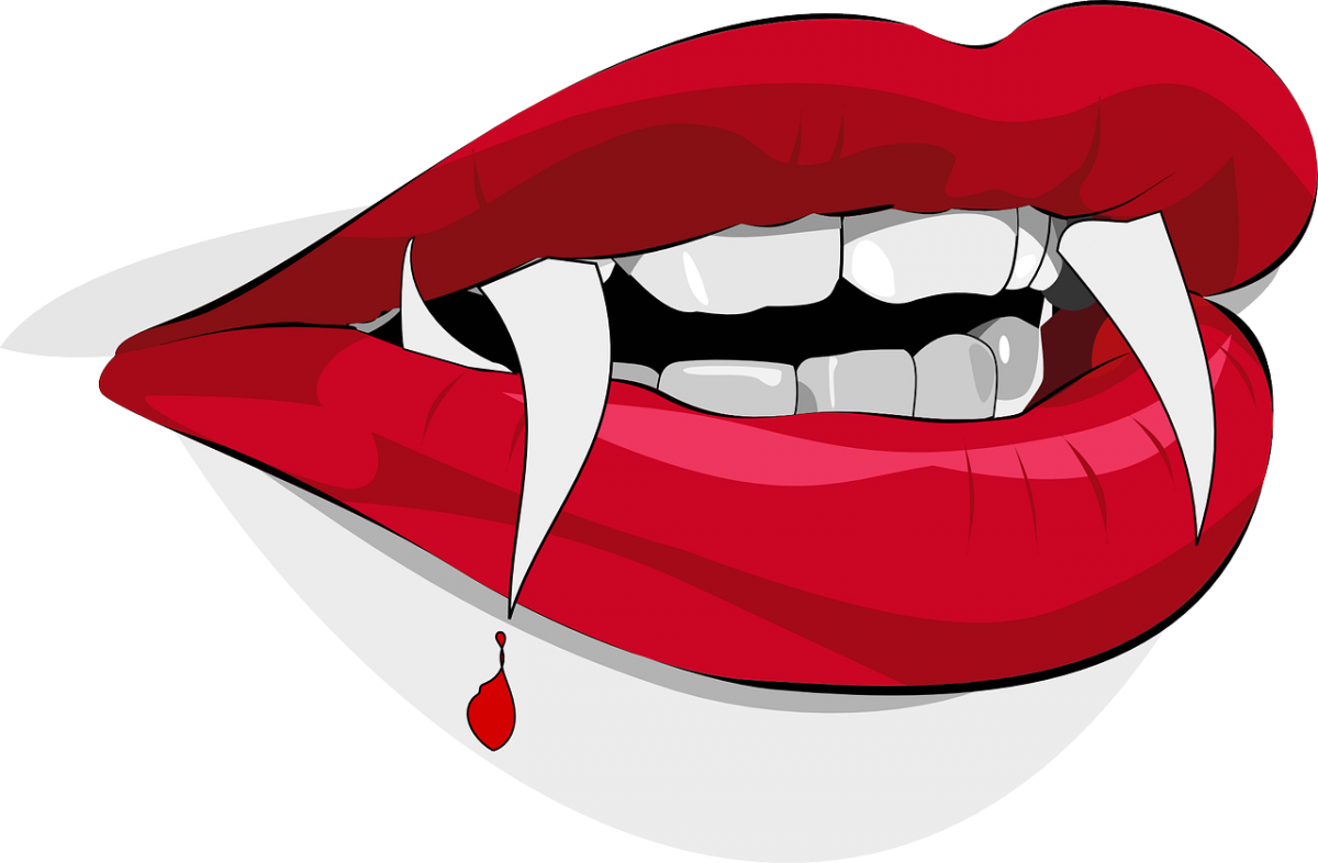 Red Vampire Lips with Fangs and Blood Clipart