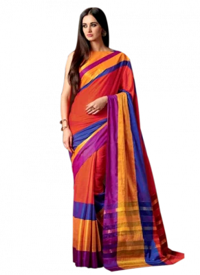 Woman In Colorful Striped Saree PNG Image