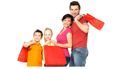 Happy Family With Kids Holding Red Shopping Bags PNG Image