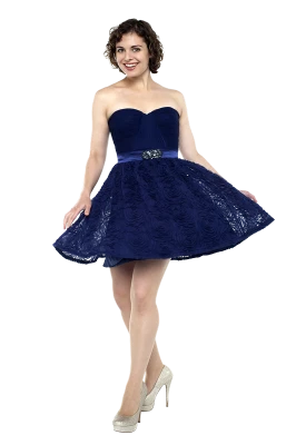 Happy Woman Twirling In Short Navy Blue Dress PNG Image