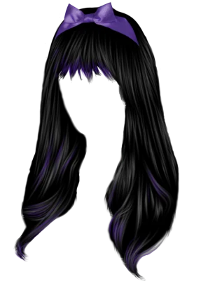Long Black Wig With Purple Bow Free PNG