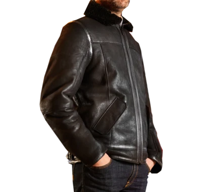 Man Modeling Black Leather Shearling Jacket Clipart