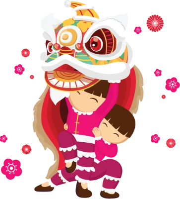 Chinese New Year Lion Dance with Children Clipart