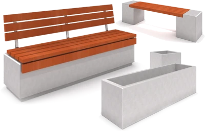 Concrete Street Benches and Planters 3D Free Clipart