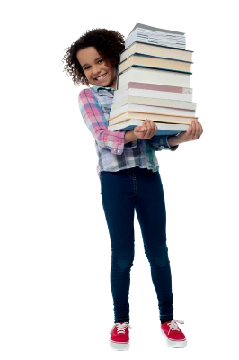 Smiling Girl Carrying Heavy Stack Of Books Clipart