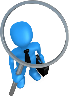 3D Blue Figure Looking Through Magnifying Glass Free PNG