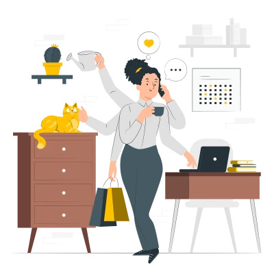 Multitasking Woman Four Arms Illustration PNG Image