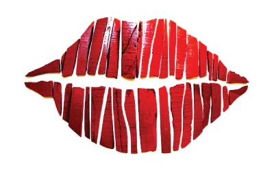 Red Lips Painted Wood Planks Art PNG Image