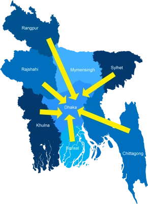 Bangladesh Map Divisions with Yellow Arrows PNG Image