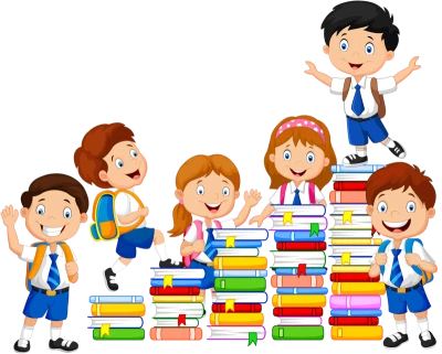 School Kids Climbing Stack of Books Transparent Background
