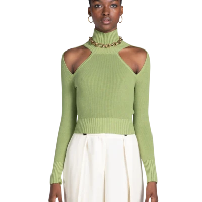 Woman Modeling Green Cutout Sweater Free PNG