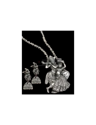Lord Krishna and Radha Silver Pendant Set PNG Image