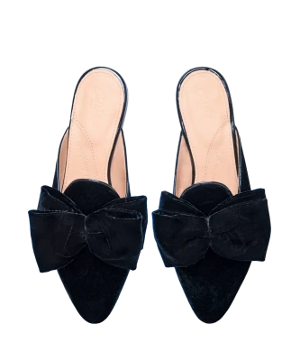 Elegant Black Velvet Bow Mules Shoes PNG Image