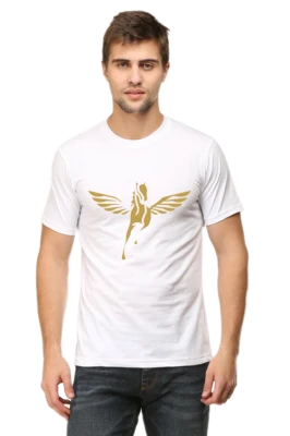 Man in White T-shirt with Pegasus Logo Clipart