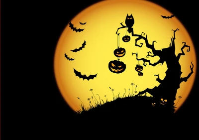 Halloween Night Scene Moon and Bats Clipart