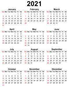 2021 Calendar PNG – Transparent Background 12